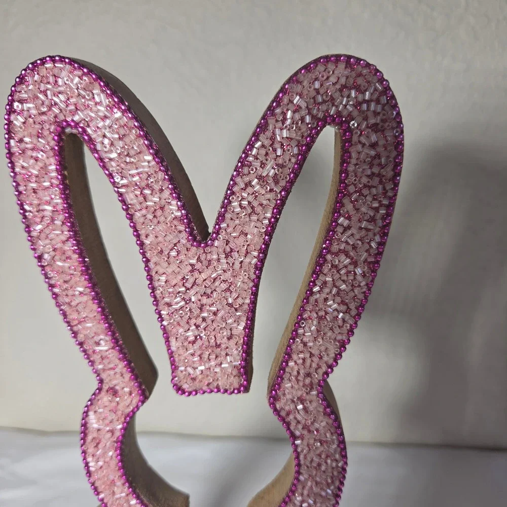 Hoppers Lane Pink Beaded Wood Bunny Silhouette Easter Decor Figurine 12 Inch